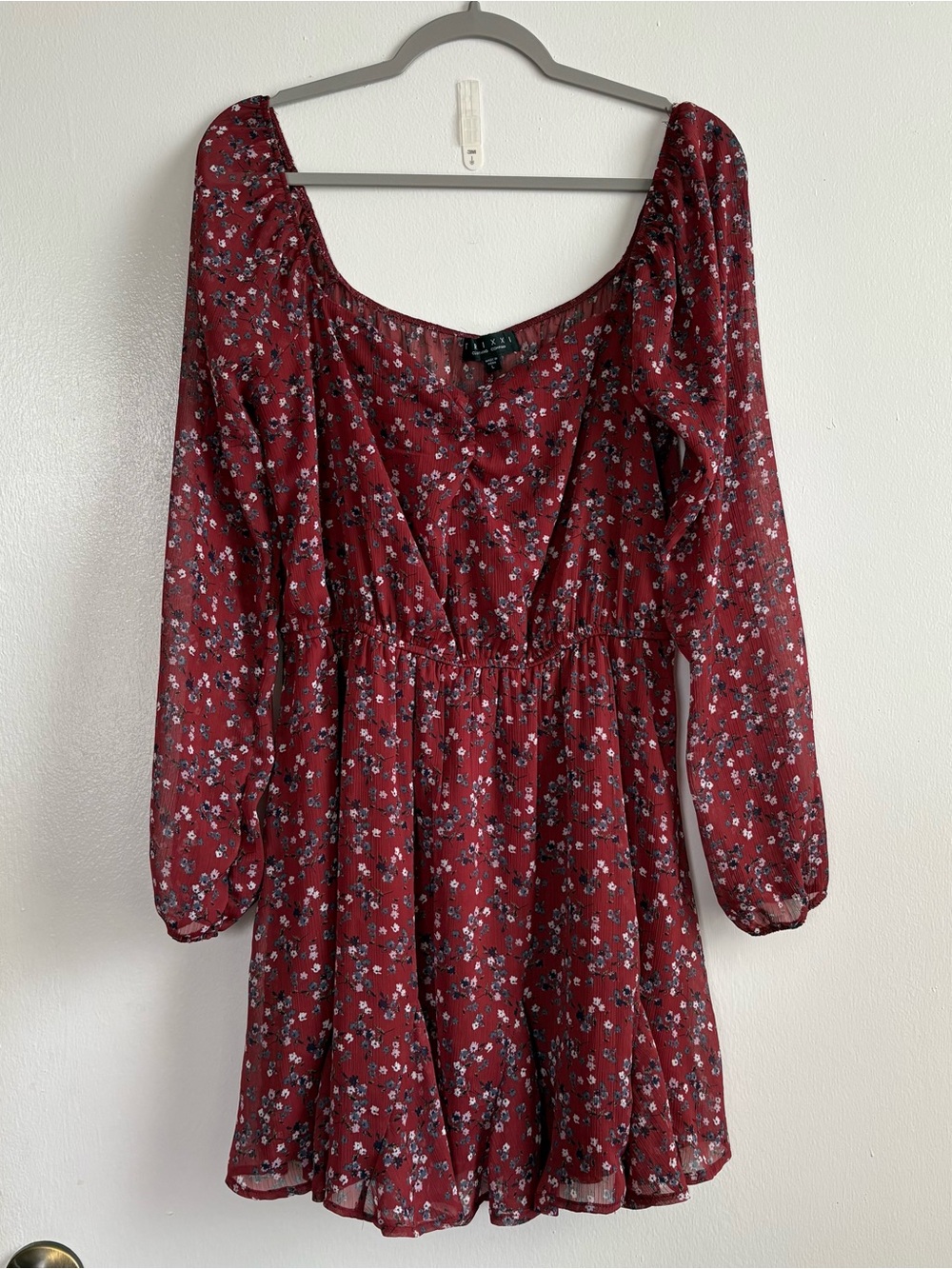 Trixxi Red Floral Smocked Chiffon Square Neck Balloon Sleeve Boho Mini Dress L